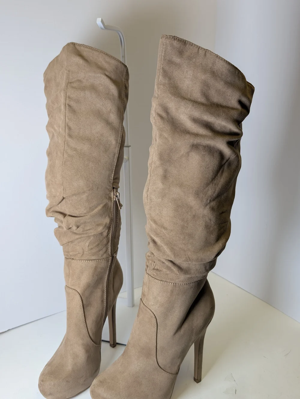 JustFab Taupe Slouch Over-the-Knee Heeled Boots